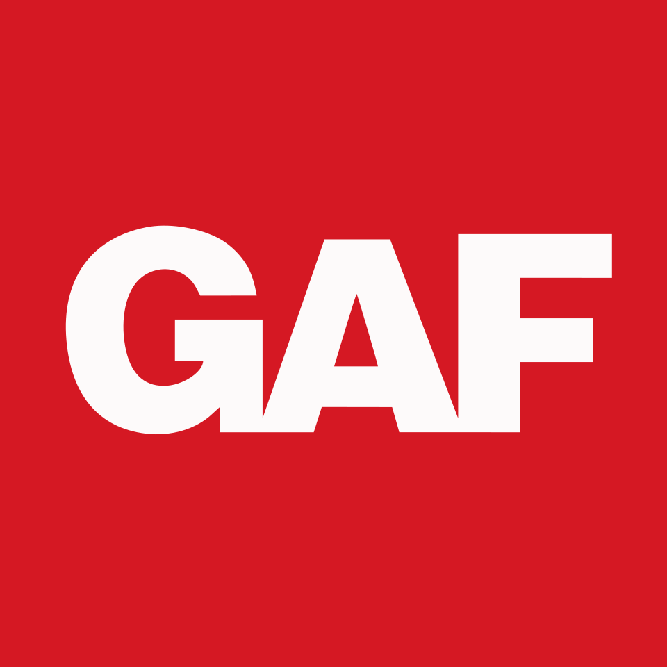GAF logo on a red background, representing a trusted roofing manufacturer known for durability and performance in roofing systems.
