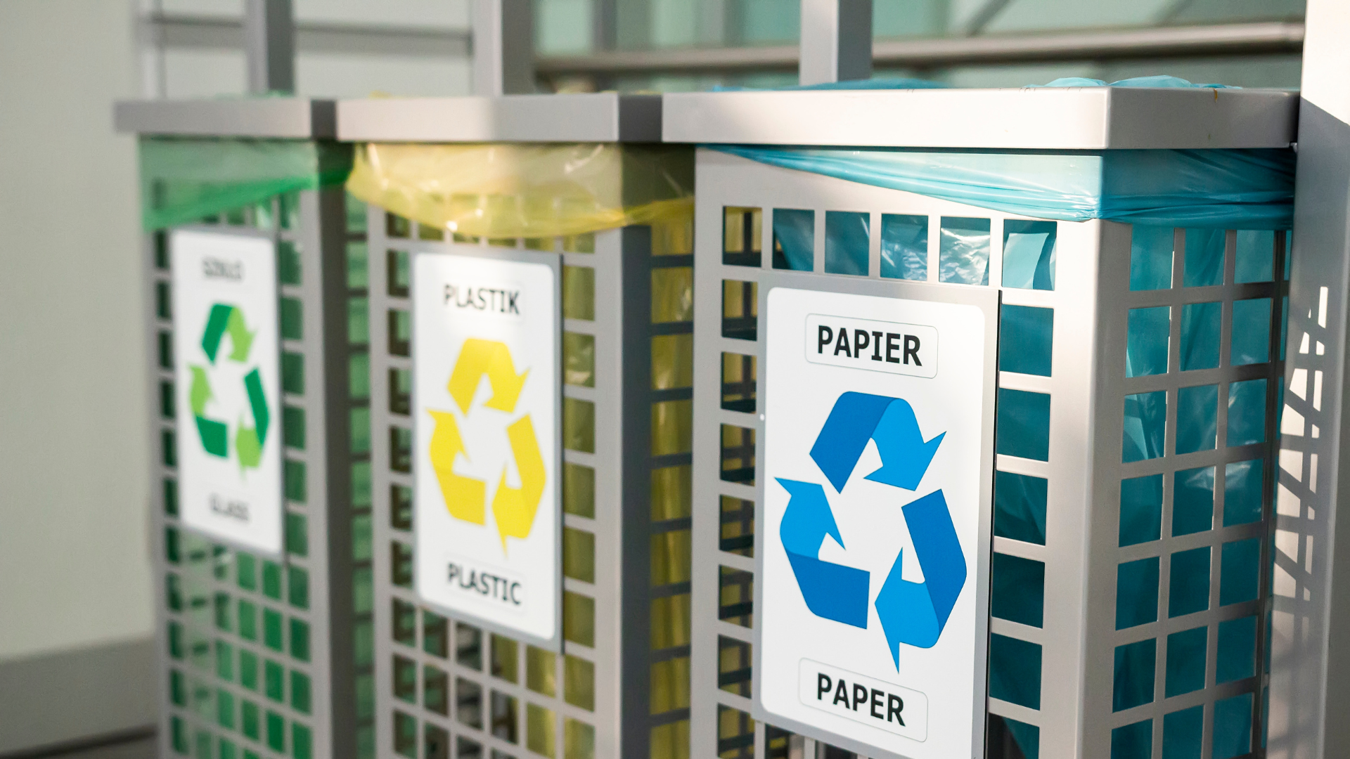 Clean and organized recycling bins labeled for glass, plastic, and paper, emphasizing eco-friendly waste disposal practices in a well-maintained environment.