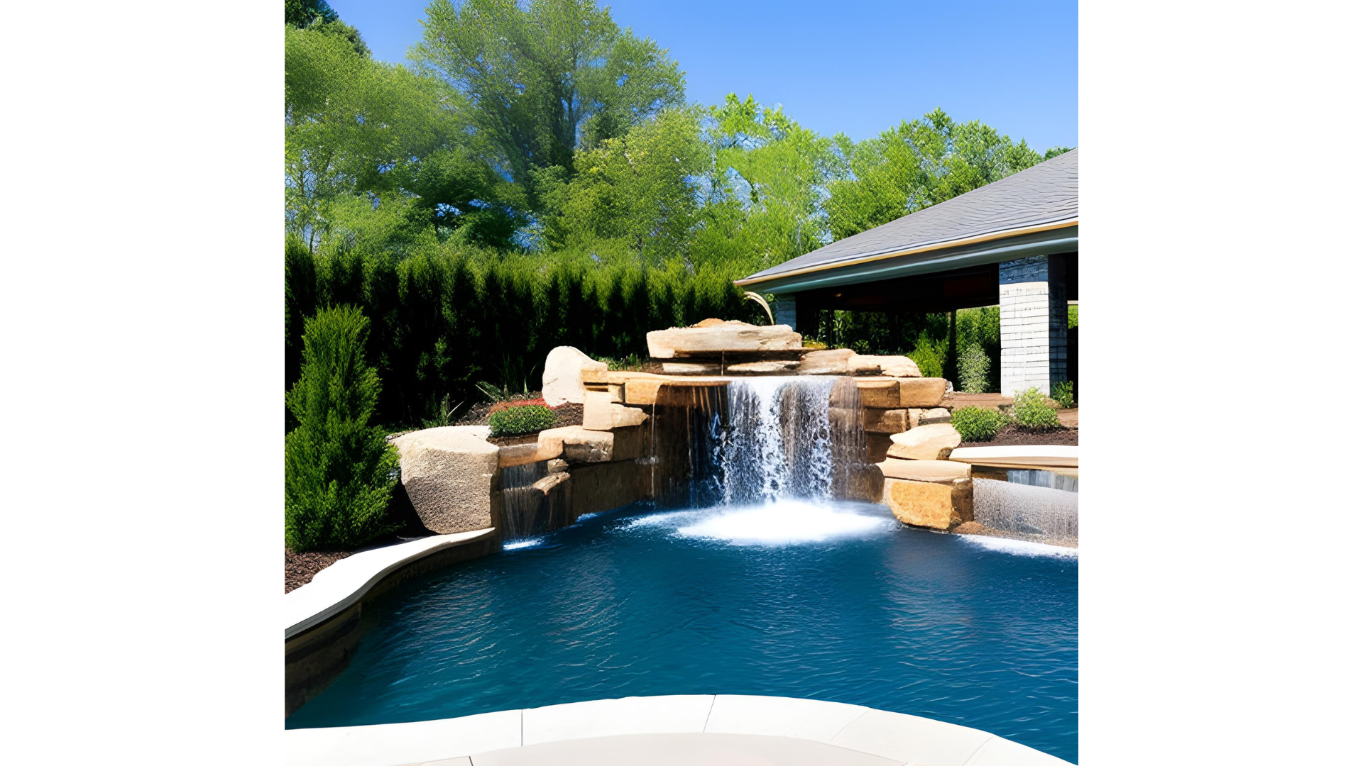 Water feature with cascading waterfall and pool surrounded by lush greenery, showcasing tranquil outdoor design suitable for enhancing residential spaces.