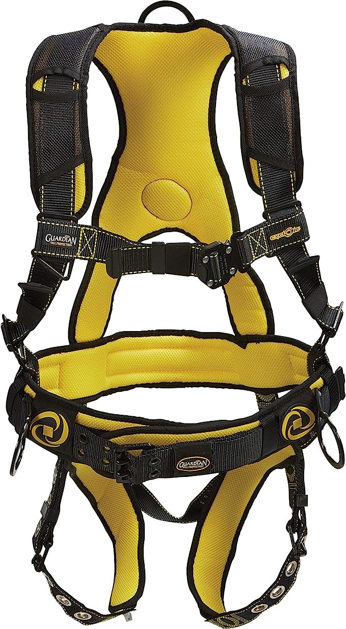 Roof safety harness featuring padded shoulder straps and adjustable buckles, designed for fall protection in roofing and construction work.