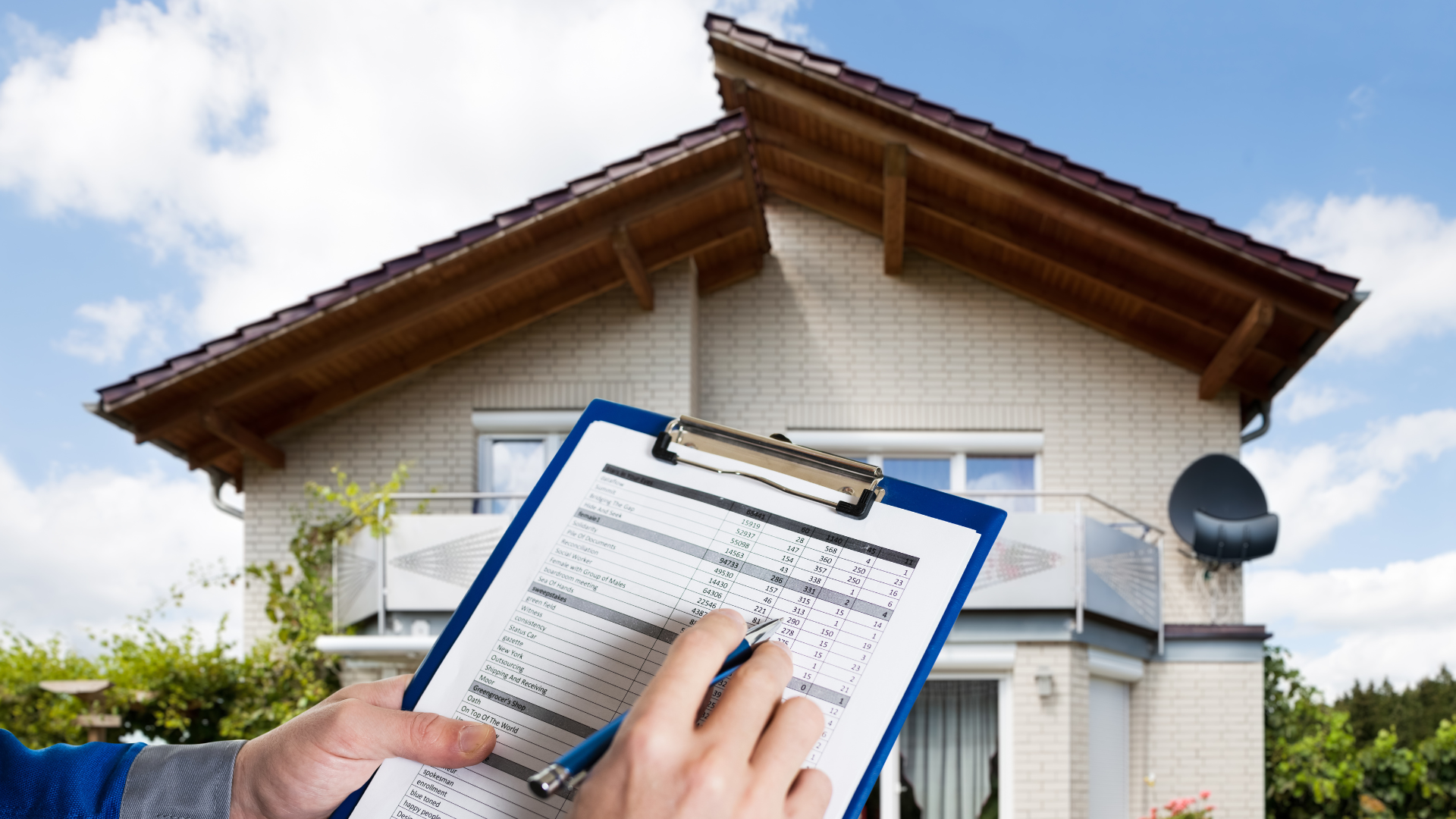 Professional conducting a roof inspection, holding a clipboard with assessment details, in front of a residential property with a well-maintained roof and clear blue sky.