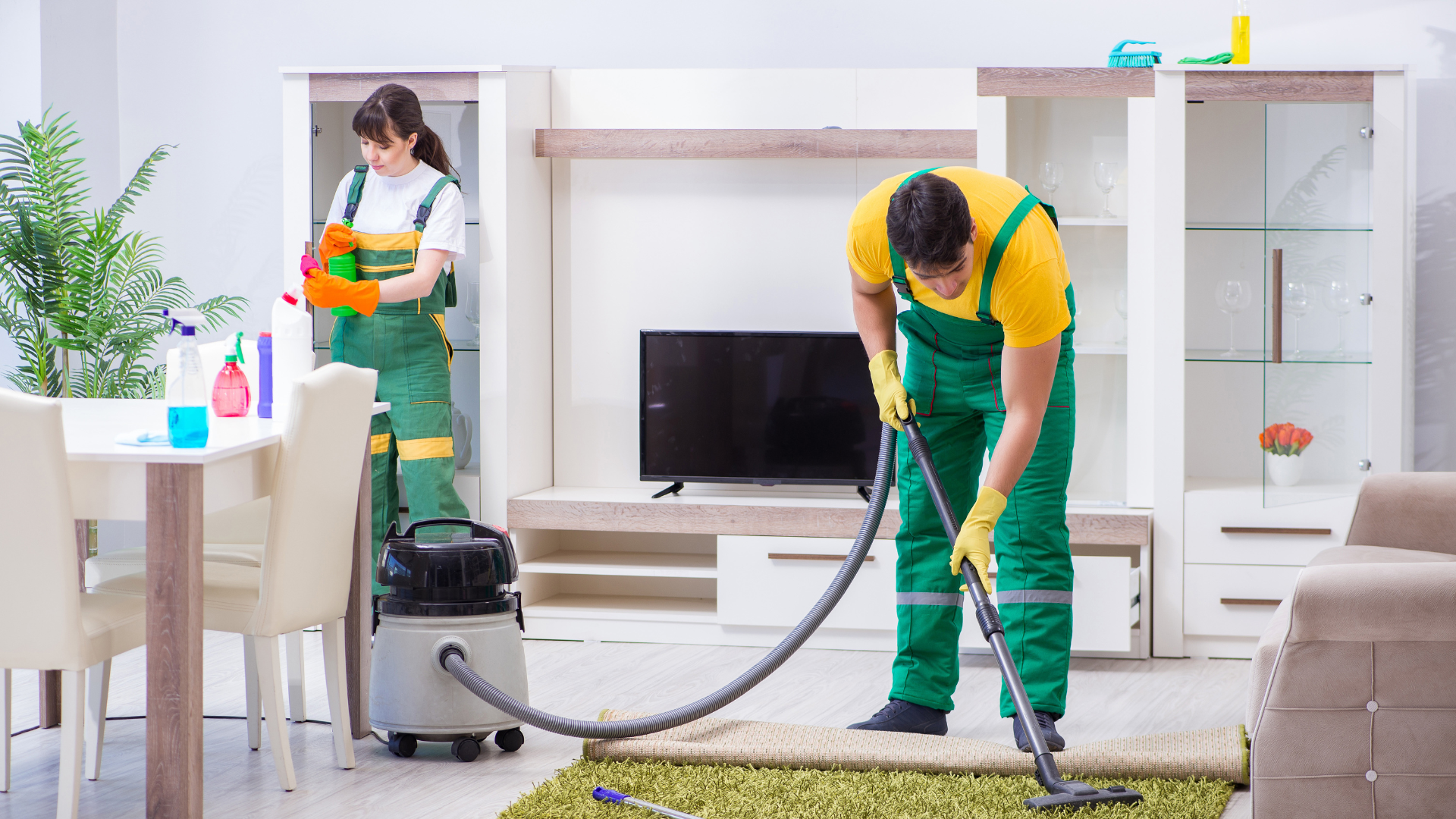 Professional carpet cleaners working in a modern living room, one using a vacuum cleaner on a carpet and the other preparing cleaning supplies on a table, showcasing effective carpet cleaning services.