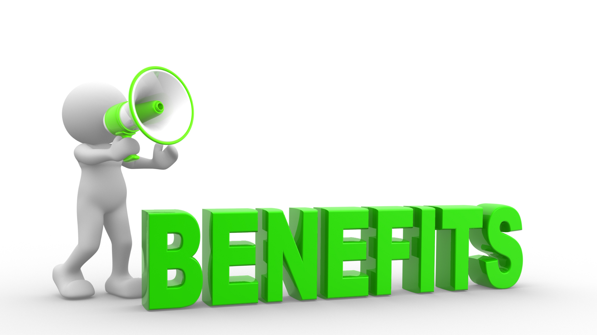 3D character holding megaphone next to the word "BENEFITS" in green, symbolizing advantages of professional garbage can cleaning services in Minneapolis.