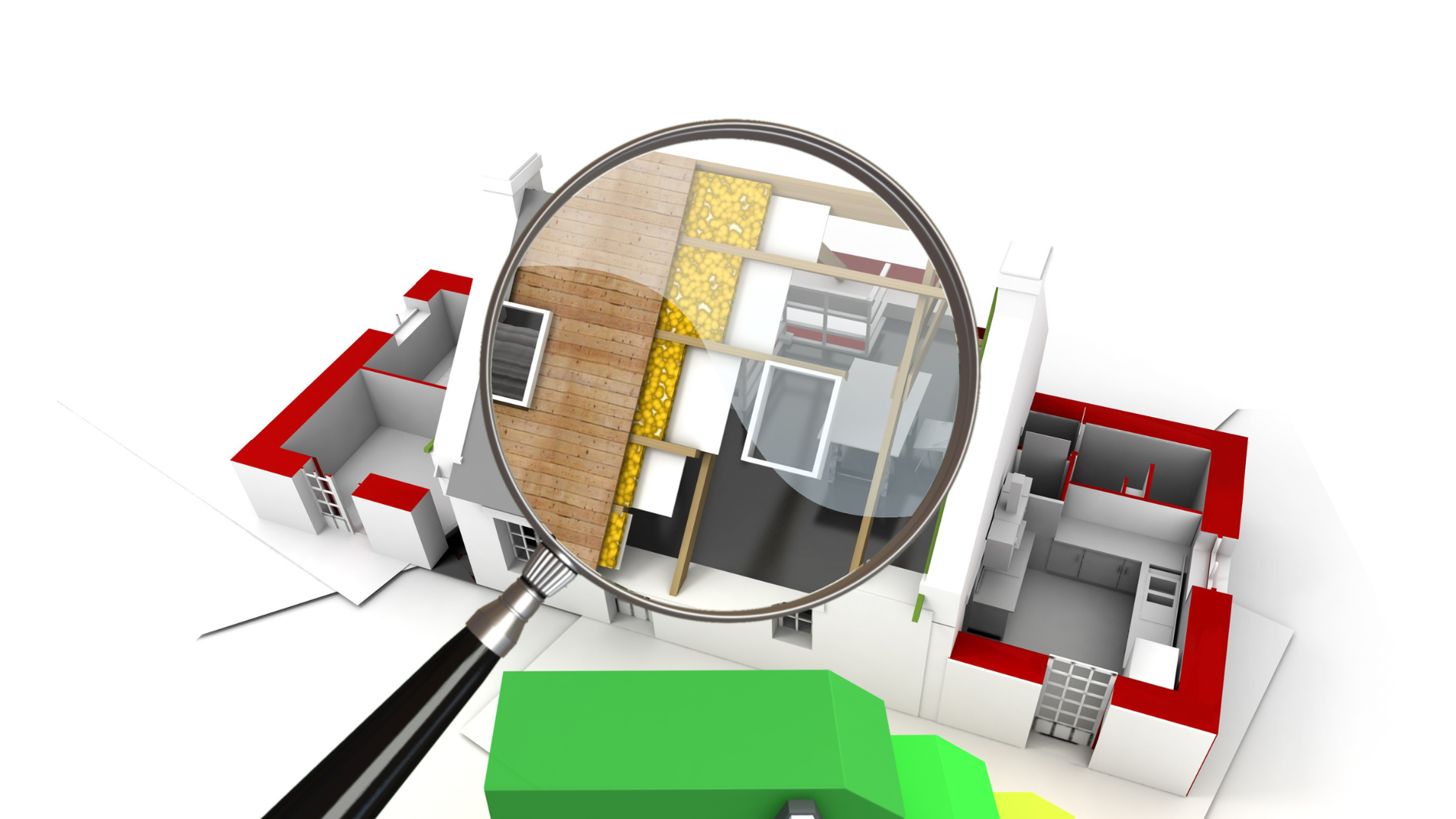 3D architectural model of a house under magnifying glass, highlighting roof structure and insulation, emphasizing the importance of roof inspections for real estate evaluations.