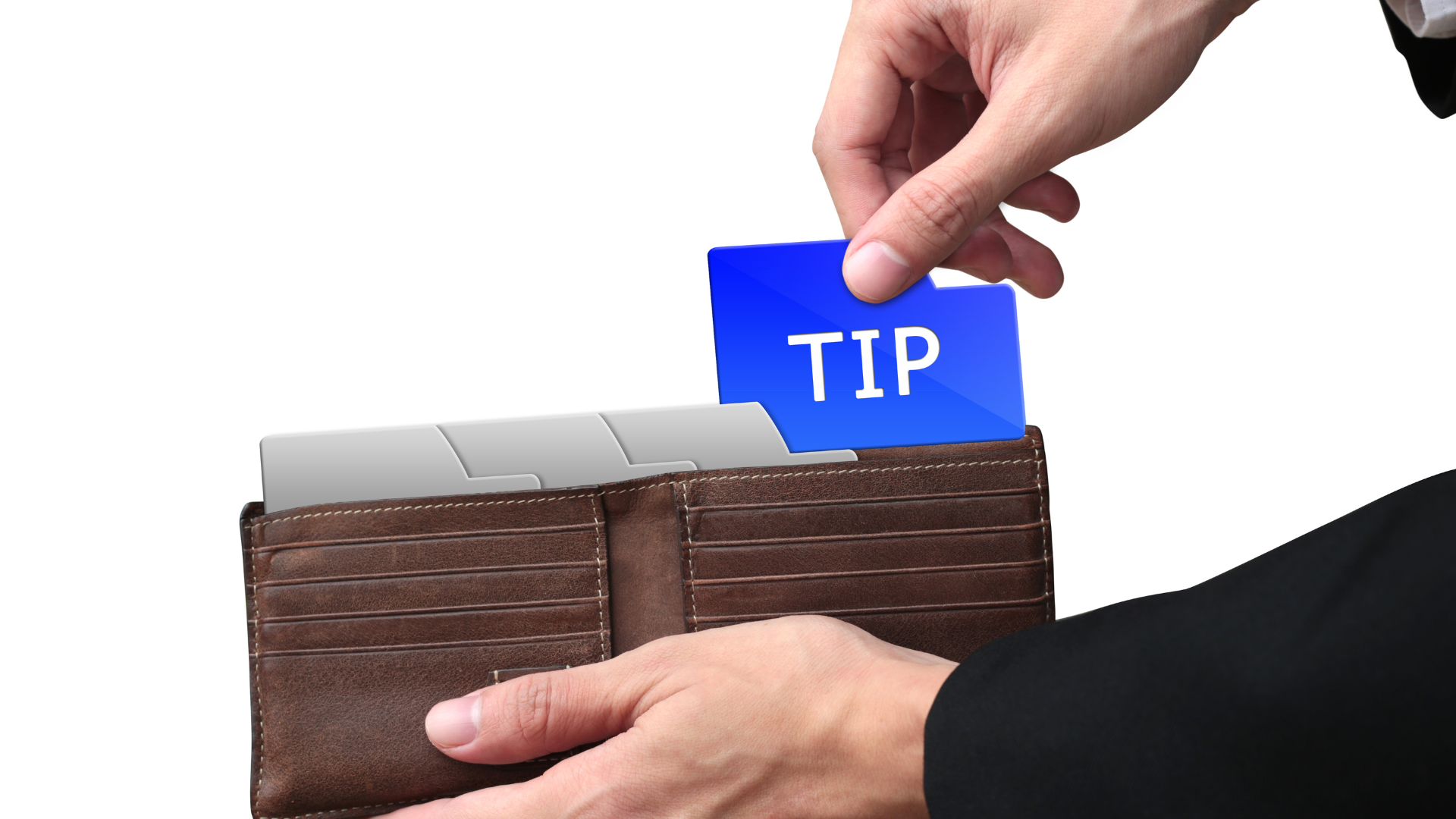 Hand placing a blue "TIP" card into a brown wallet, symbolizing the practice of tipping roofers for exceptional service.