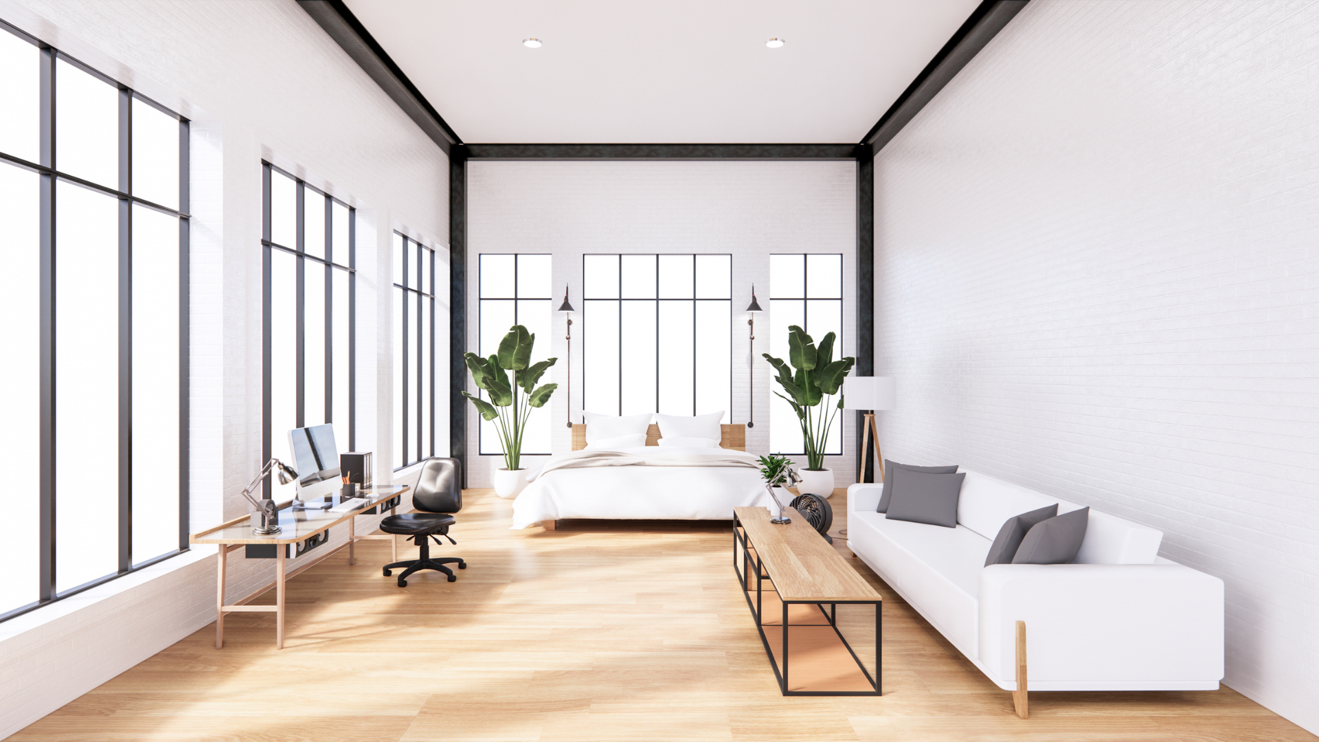 Modern bedroom with large windows, a white bed with pillows, a minimalist desk with a computer, stylish plants, and a sleek coffee table, enhancing home appeal and living space.