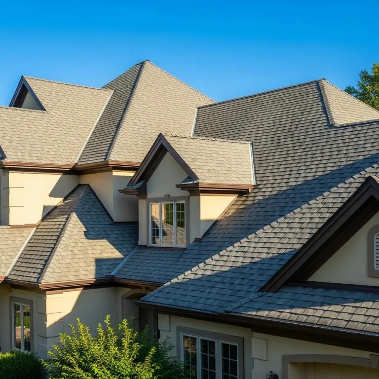 Beautiful home with 3-tab and architectural shingles under a clear blue sky