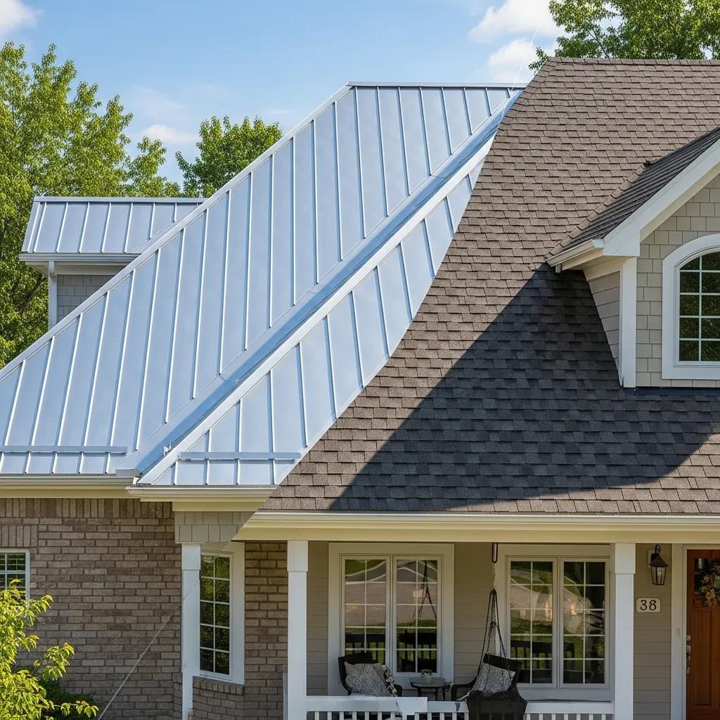 Comparison of metal roof and asphalt shingles on a suburban home