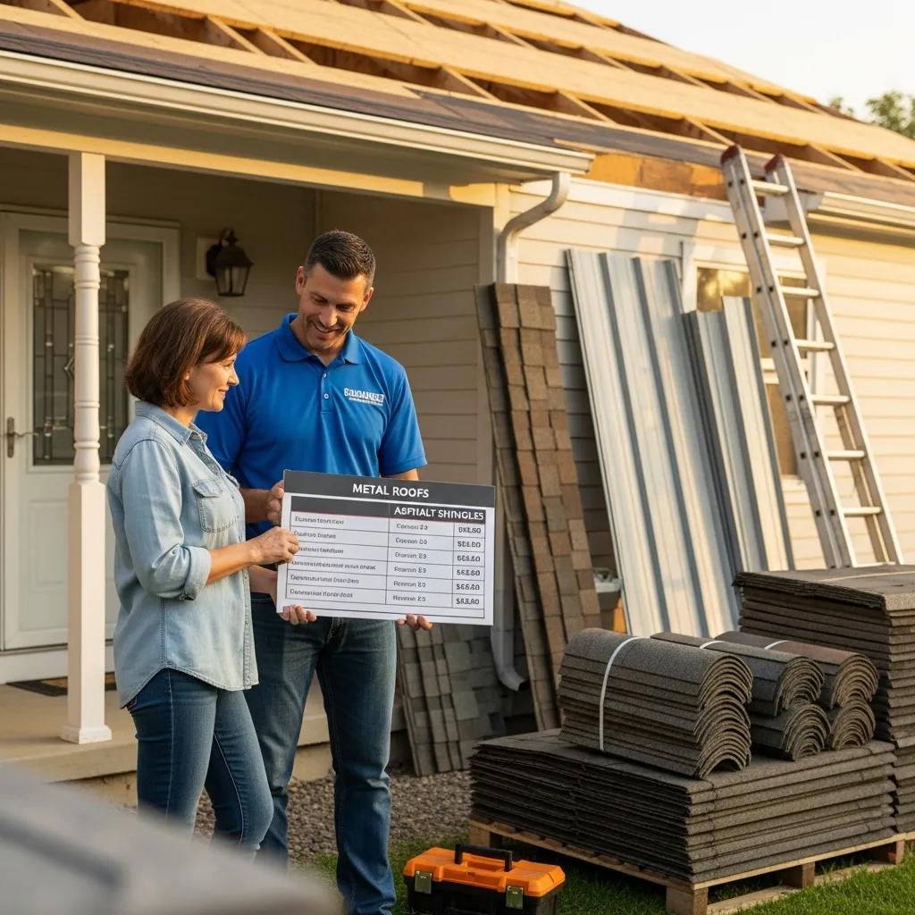 Contractor explaining cost differences between metal roofs and asphalt shingles