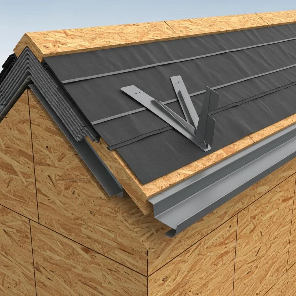 Cross-section view of a roof structure showing roof decking, underlayment, and flashing