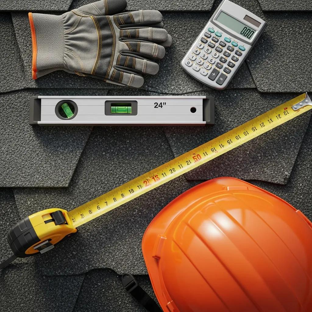 Essential tools behind a roof cost calculator: tape measure, level, and pitch gauge