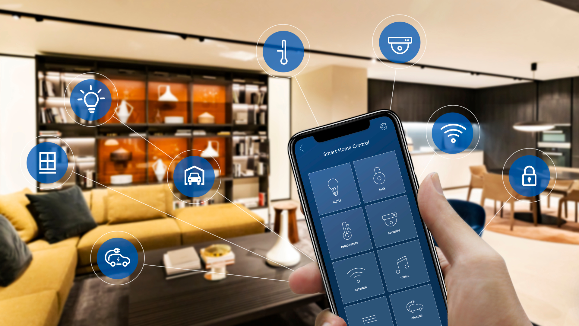 Smartphone displaying smart home control interface with icons for lighting, security, temperature, and connectivity features in a modern living room setting.