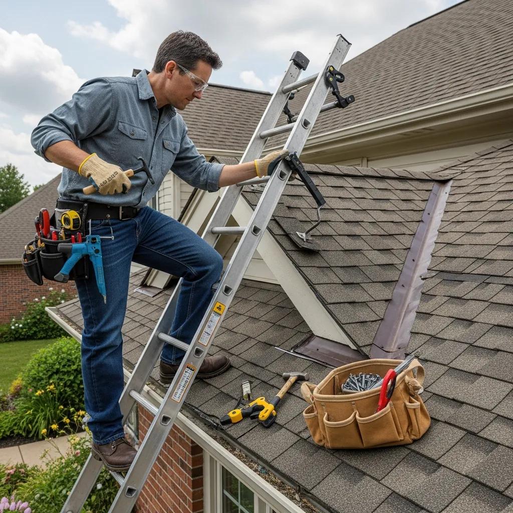 Homeowner inspecting roof shingles and flashing with tools