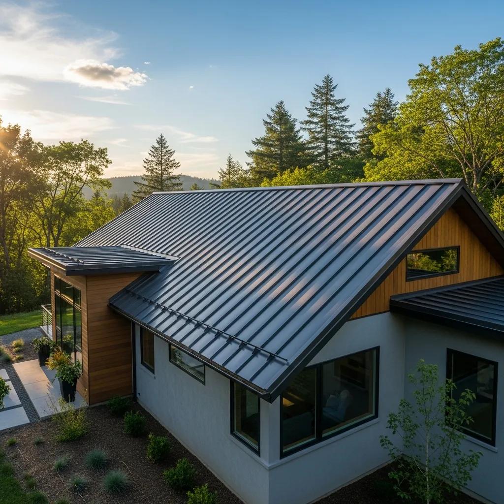Modern home featuring a reflective metal roof surrounded by greenery