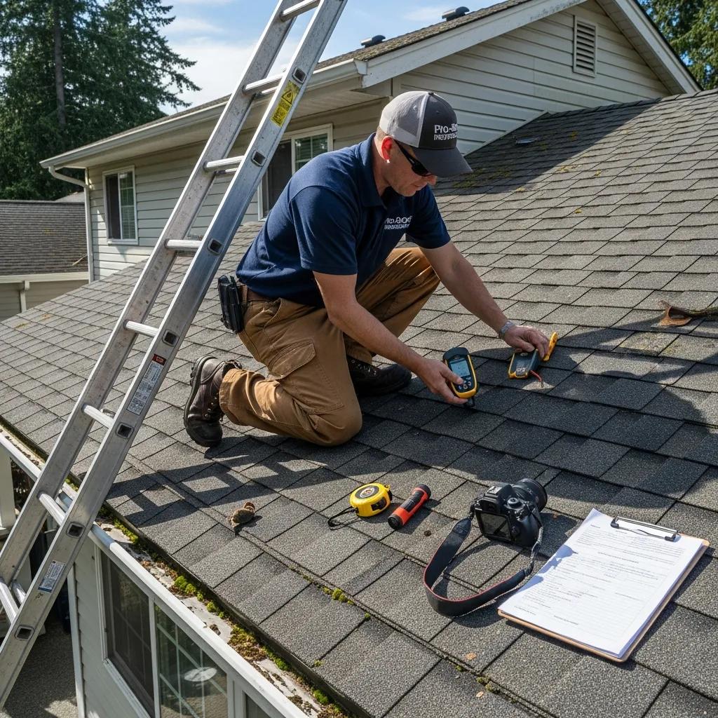 Professional conducting a roof deck inspection, assessing moisture levels and structural integrity